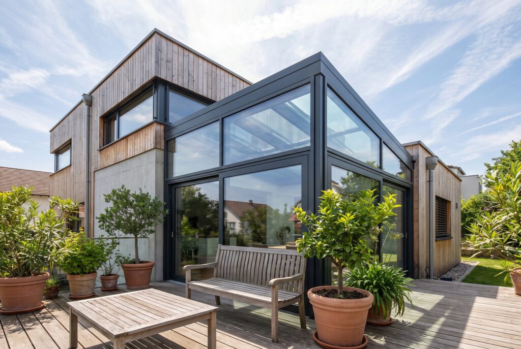 Wintergarten aus Glas und Aluminium an einem modernen Wohnhaus mit Terrasse